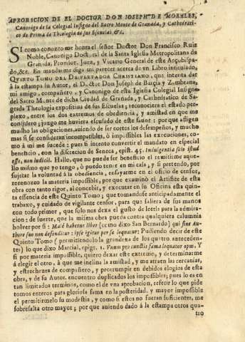 Aprobacion de el doctor Don Ioseph de Morales, Canonigo de la Colegial Insigne del Sacro Monte de Granada ...