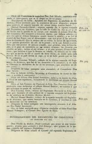 Interrogatorio del regimiento de caballeria de dragones del Rey