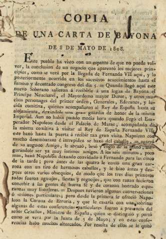 Copia de una carta de Bayona de 8 de mayo de 1808