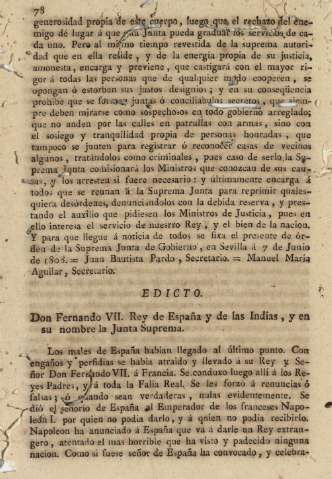Edicto. Don Fernando VII. Rey de España y de las Indias, y en su nombre la Junta Suprema