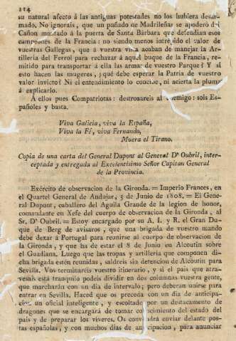 Copia de una carta del General Dupont al General D'Oubril, interceptada y entregada al Excelentísimo Señor Capitan General de la Provincia