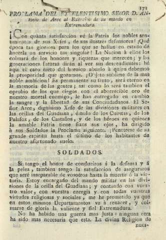 Proclama del excelentisimo señor D. Antonio de Arce al Exército de su mando en Extremadura