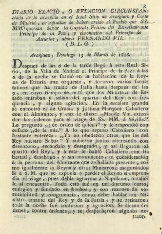 Diario exacto, o relacion circunstanciada de lo acaecido en el Real Sitio de Aranjuez y Corte de Madrid ...