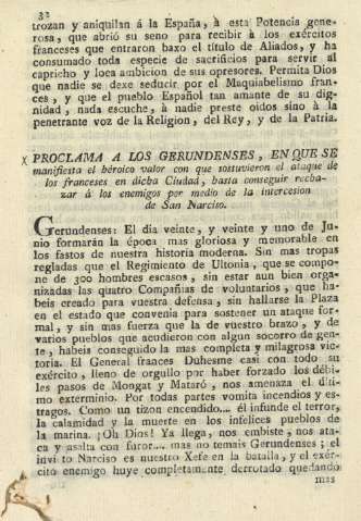 Proclama a los gerundenses, en que se manifiesta el héroico valor con que sostuvieron el ataque de los franceses en dicha Ciudad ...