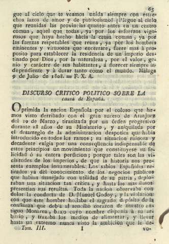 Discurso critico politico sobre la causa de España