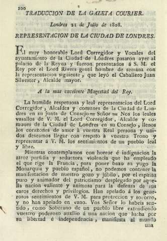 Traduccion de la Gazeta Courier. Londres 21 de Julio de 1808. Representacon de la ciudad de Londres