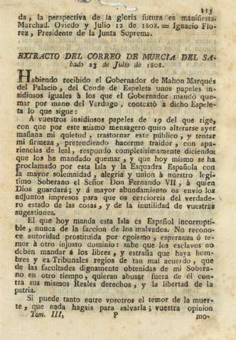 Extracto del correo de Murcia del sabado 23 de Julio de 1808