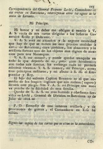 Correspondencia del General Frances Lecbi, Comandante de sus tropas en Barcelona ...