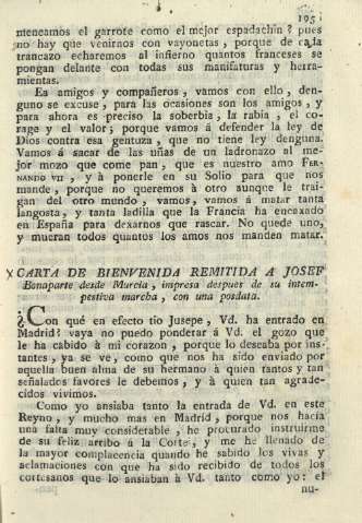 Carta de Bienvenida remitida a josef Bonaparte desde Murcia, impresa despues de su intempestiva marcha, con una posdata