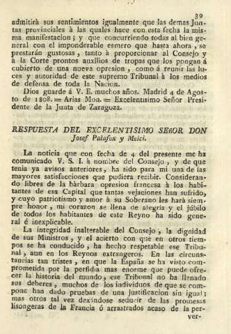 Respuesta del excelentisimo Señor Don Josef Palafox y Melci