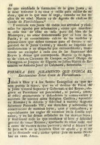 Formula del juramento que indica el Excelentisimo Señor Conde de Floridablanca