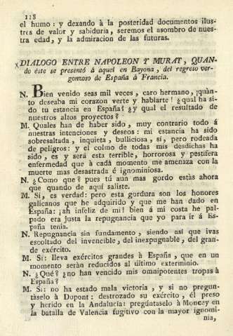 Dialogo entre Napoleon y Murat, quando éste se presentó á aquel en Bayona ...