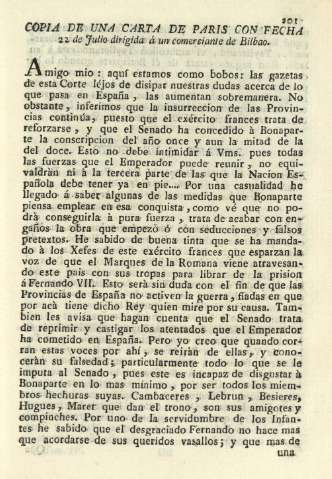 Copia de una carta de Paris con fecha 22 de Julio dirigida á un comerciante de Bilbao