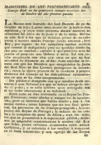 Manifiesto de los procedimientos del Consejo Real en los gravisimos sucesos ocurridos desde Octubre del año prócimo pasado