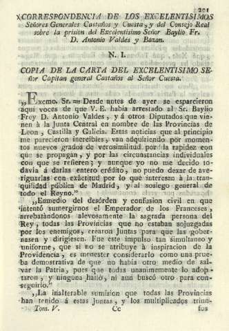 Correspondencia de los excelentisimos Señores Generales Castaños y Cuesta, y del Consejo Real sobre la prision ...
