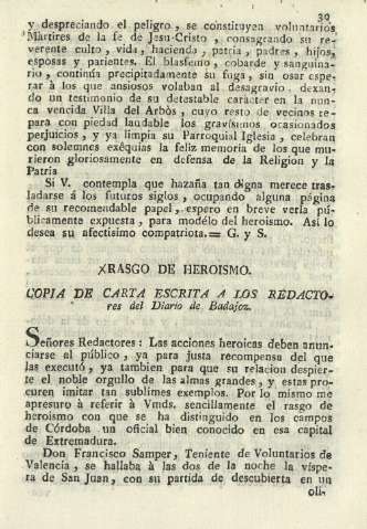 Rasgo de heroismo. Copia de carta escrita a los redactores del Diario de Badajoz