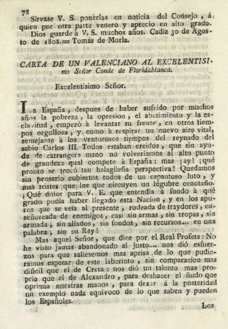 Carta de un valenciano al excelentisimo Señor Conde de Floridablanca