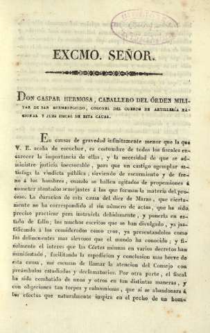 Excmo. Señor. Don Gaspar Hermosa, Caballero del Órden Militar de San Hermenegildo ...