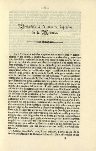 Preámbulo á la primera impresion de la memoria