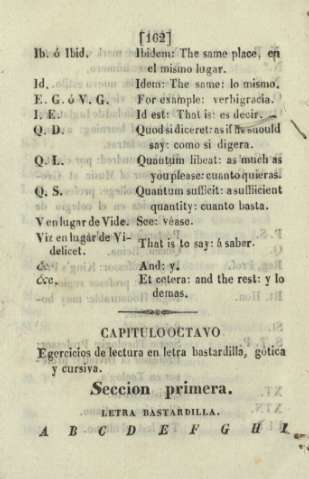 Capitulo octavo. Egercicios de lectura en letra bastardilla, gótica y cursiva