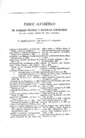Índice alfabético de nombres propios y materias contenidas en los cuatro tomos de esta historia