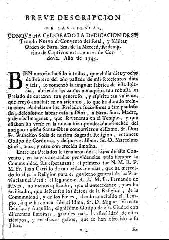 Breve descripcion de las fiestas con que ha celebrado la dedicacion de su Templo Nuevo el Convento del Real, y MIlitar Orden de Ntra. Sra. de la Merced, ... año de 1745.