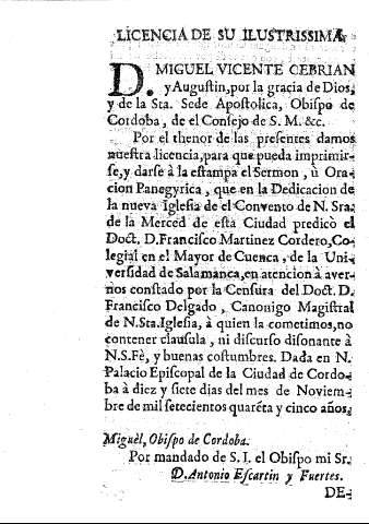 Licencia de su ilustrissima d. Miguel Vicente Cebrian y Augustin, ...
