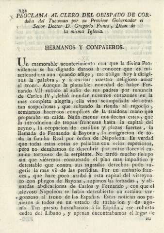 Proclama al clero del Obispado de Cordoba del Tucuman por su Provisor Gobernador el Señor Doctor D. Gregorio Funes ...