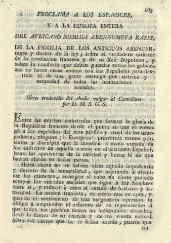 Proclama a los españoles y a la Europa entera del africano Numida Abennumeya Rasis ...