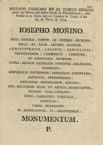Epitafio colocado en el Tumulo erigido para las Honras del Señor Conde de Floridablanca ...