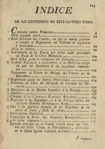 Indice de lo contenido en este septimo tomo