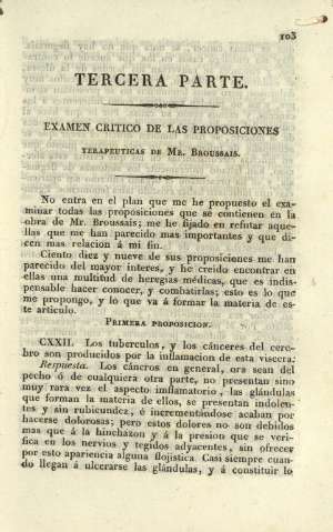 Tercera parte. Examen crítico de las proposiciones terapeuticas de Mr. Broussais