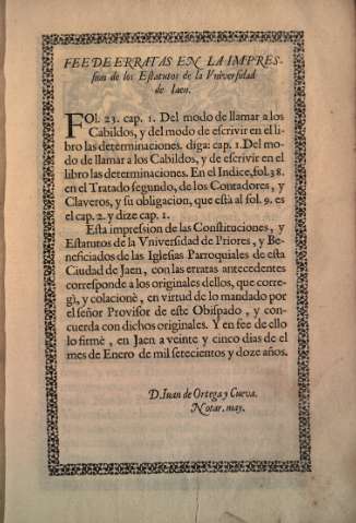 Fee de erratas en la impresion de los Estatutos de la Vniversidad de Iaen