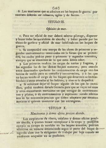 Título IX. Oficiales de mar. Título X. Maestranza y demas oficios precisos abordo