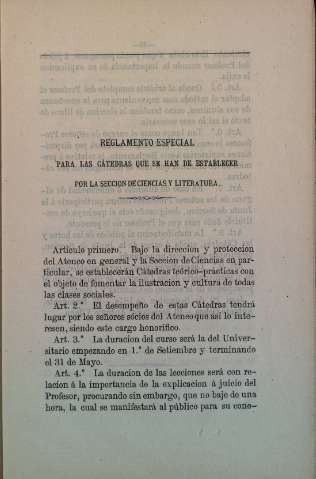 Reglamento especial para las cátedras que se han de establecer por la seccion de Ciencias y Literatura