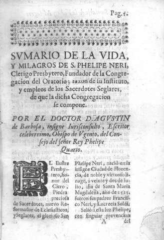 Svmario de la vida, y milagros de S. Phelipe Neri...