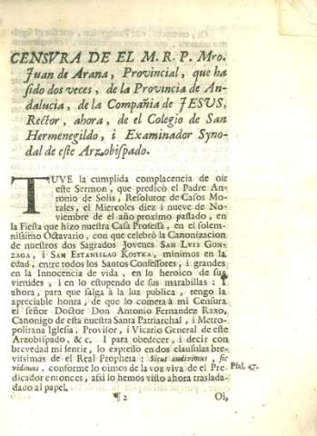 Censvra de el M. R. P. Mro. Juan de Arana...