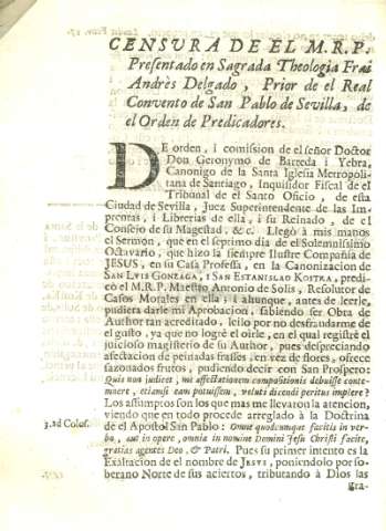 Censura de el M. R. P. presentado en Sagrada Theologia Frai Andrès Delgado...