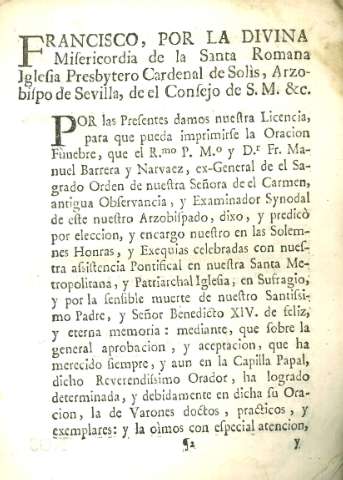 Francisco, por la divina misericordia  de la Santa Romana Iglesia Presbytero Cardenal de Solis, Arzobispo de Sevilla...