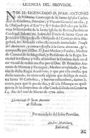 Licencia del provisor. Nos el licenciado D. Jvan Antonio de Victoria...