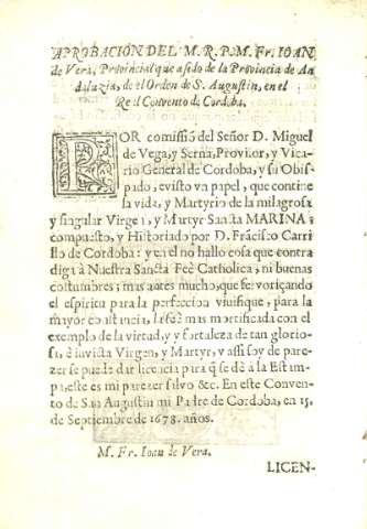 Aprobacion del M.R.P.M. Fr. Ioan de Vera..., de el Orden de S. Augustin...