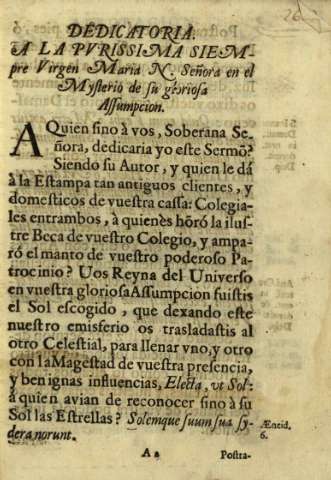 Dedicatoria a la Pvrissima siempre Virgen Maria...