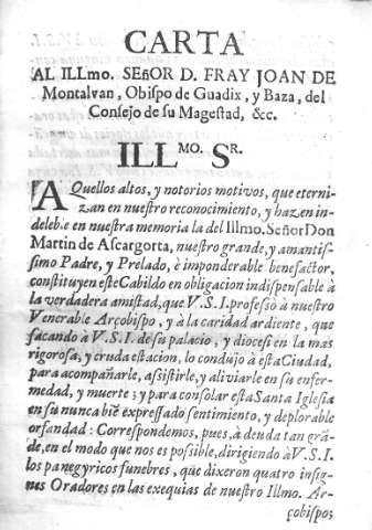 Carta. Al Illmo. Señor D. Fray Joan de Montalvan, Obispo de Guadix, y Baza...