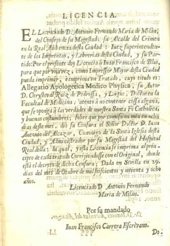 Licencia. El Licenciado D. Antonio Fernando Maria de Milàn...