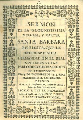 Sermon de la Gloriosissima Virgen, y Martyr Santa Barbara
