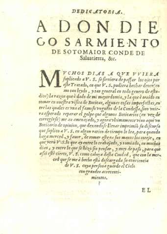 Dedicatoria. A Don Diego Sarmiento de Sotomaior, Conde de Salvatierra