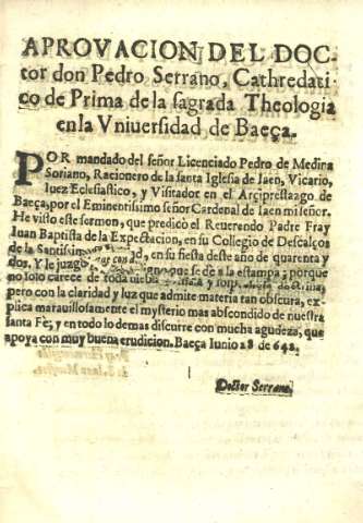 Aprovacion del doctor don Pedro Serrano...