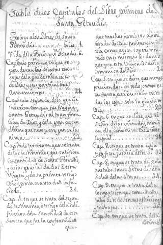 Tabla de los Capitulos del Libro Primero de Santa Getrudis