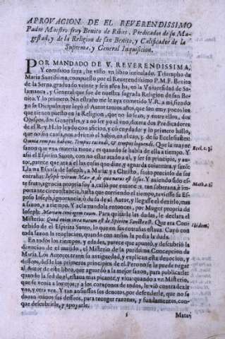 Aprovacion de el Reverendissimo Padre Maestro fray Benito de Ribas...