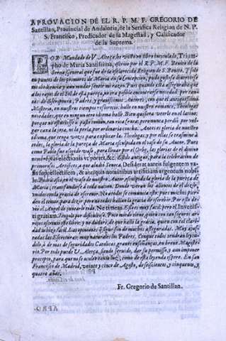 Aprovacion de el R.P.M. F. Gregorio de Santillan...